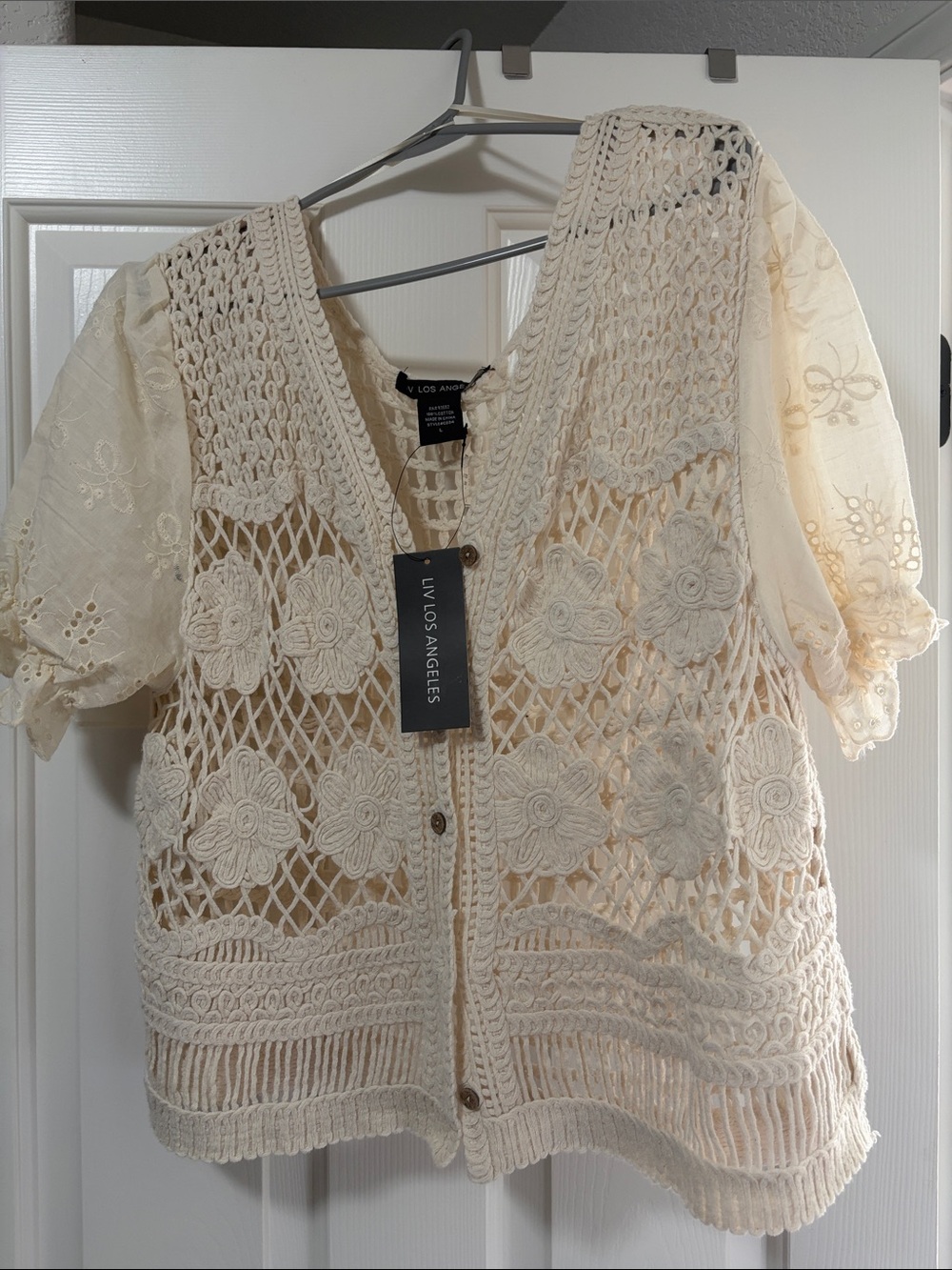 LIV LOS ANGELES Cream Crochet Lace Short Sleeve Cardigan